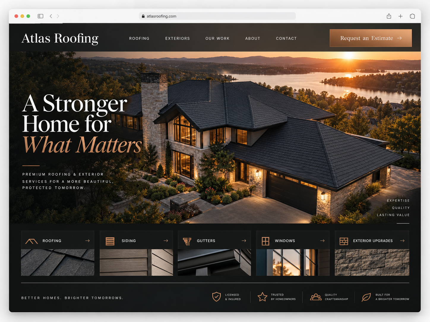 Sample custom website direction for a premium roofing and exterior business